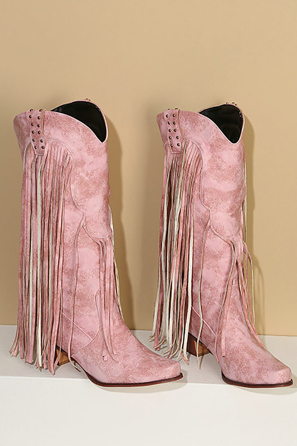 Botas de tacón grueso con punta puntiaguda azul y vetas de madera con borla