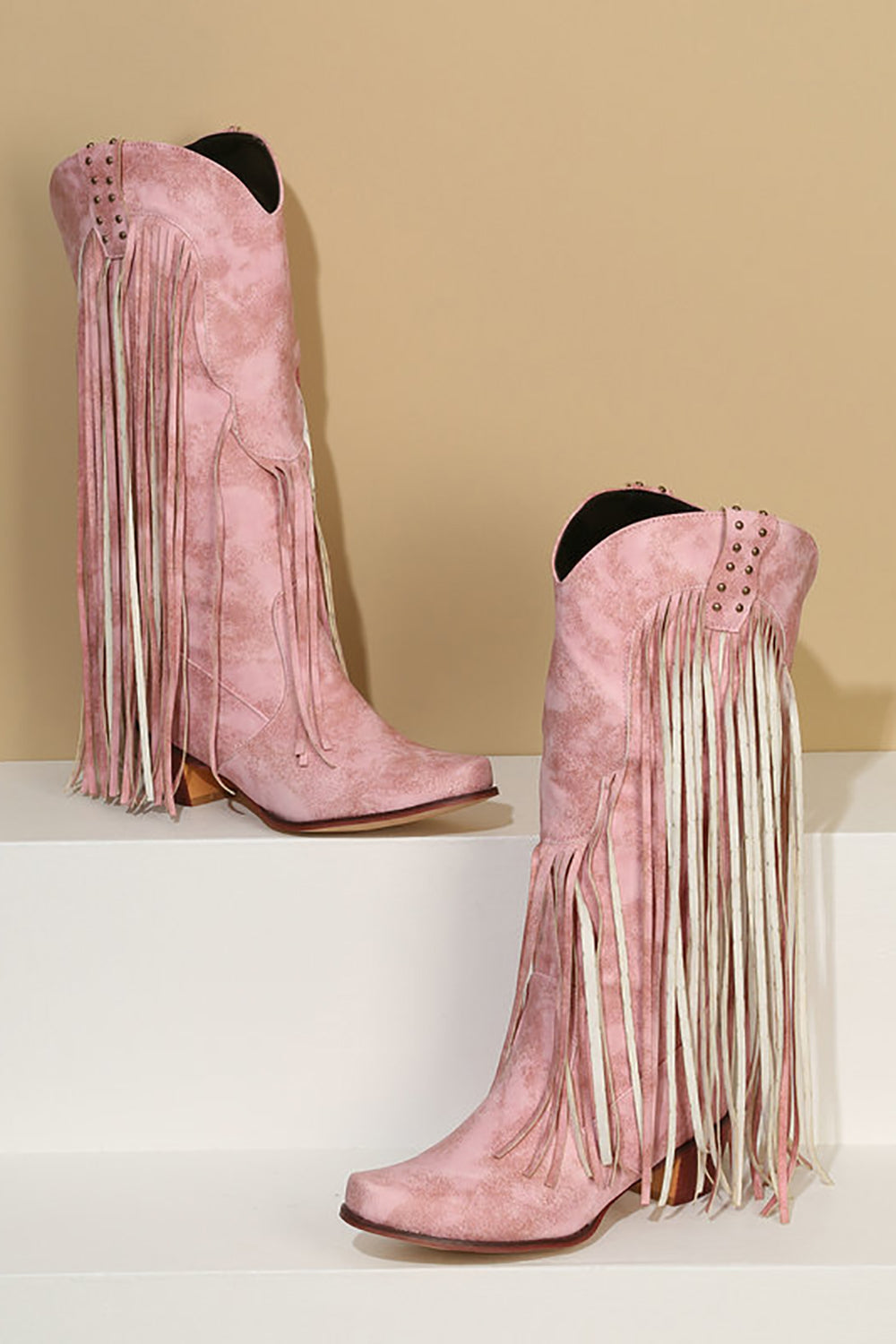 Botas de tacón grueso con punta puntiaguda azul y vetas de madera con borla