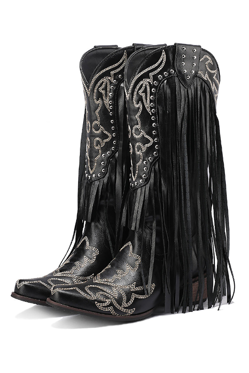 Botas de piel con borlas bordadas negras para mujer