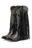Botas de piel con borlas bordadas negras para mujer