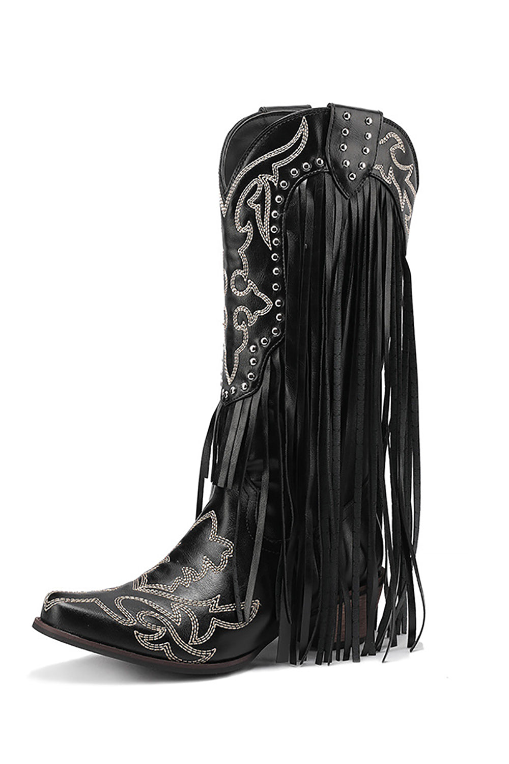 Botas de piel con borlas bordadas negras para mujer