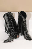 Botas de piel con borlas bordadas negras para mujer