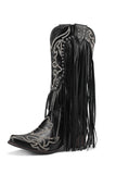 Botas de piel con borlas bordadas negras para mujer