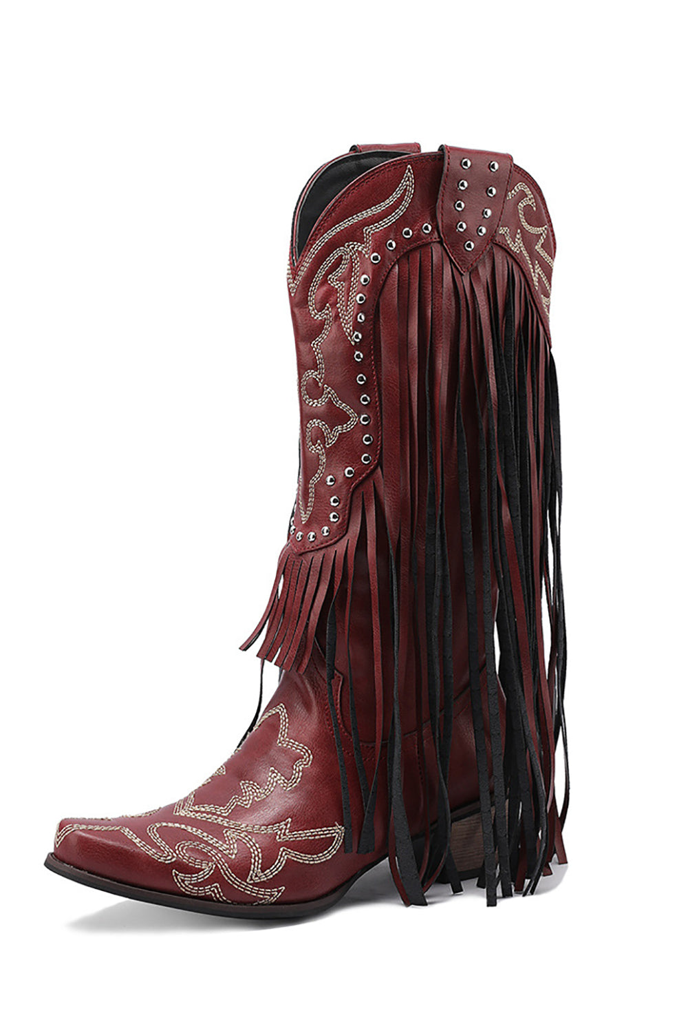 Botas de piel con borlas bordadas negras para mujer