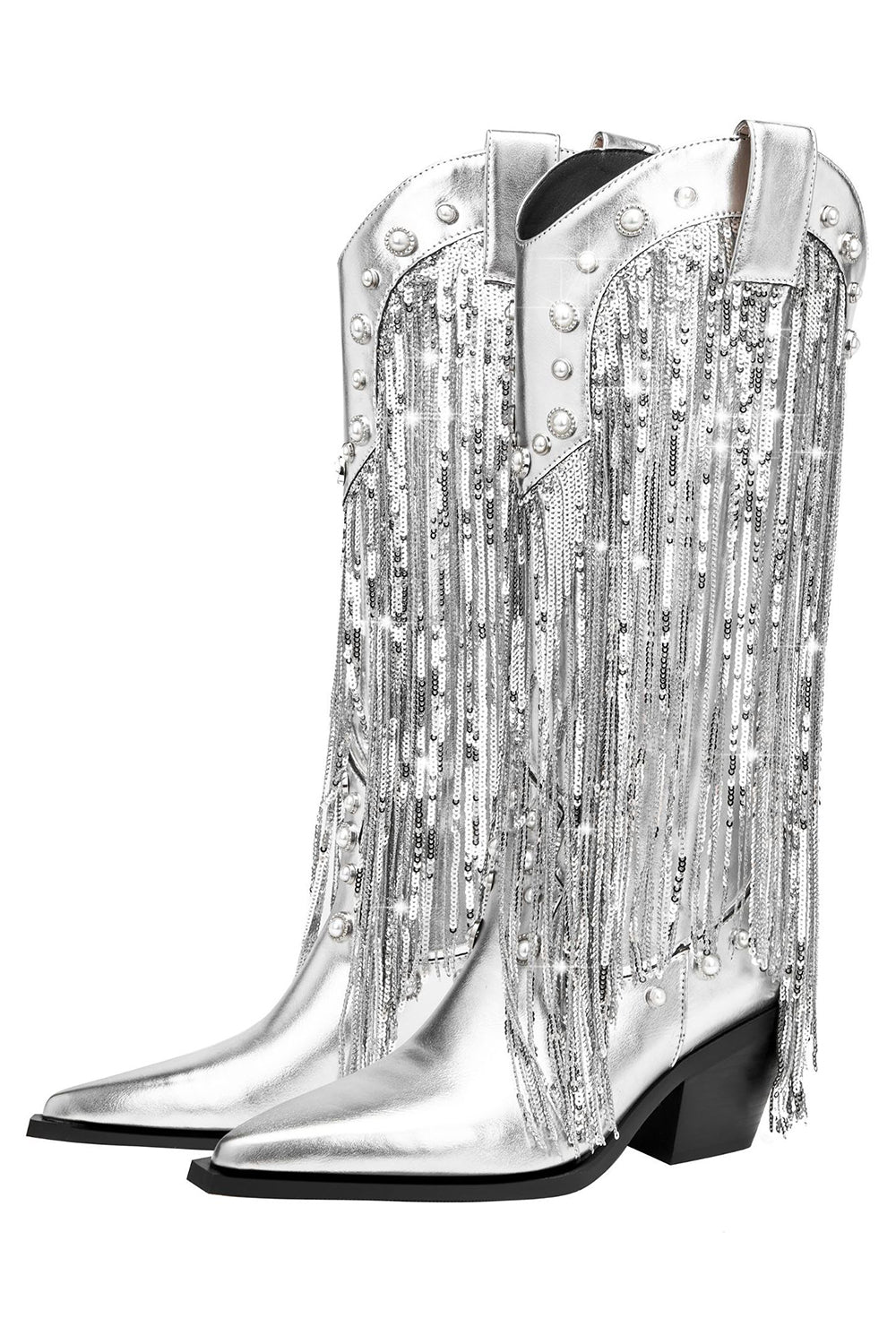 Botas vaqueras con punta puntiaguda con borla plateada brillante y borla