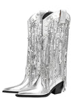 Botas vaqueras con punta puntiaguda con borla plateada brillante y borla