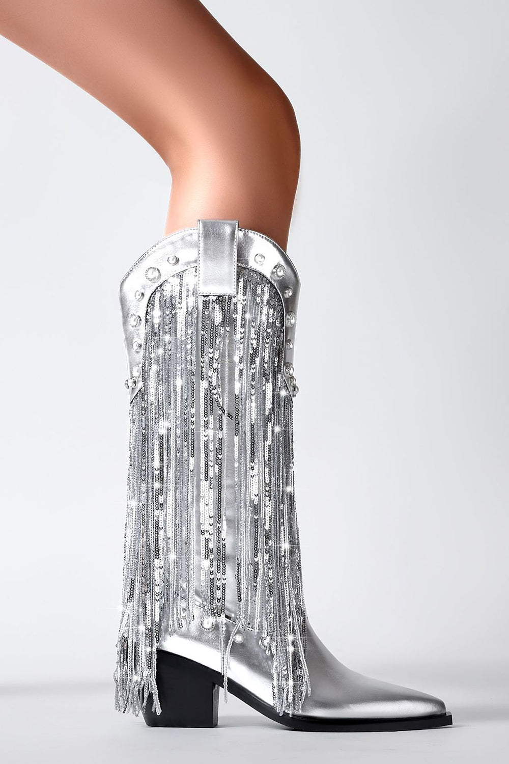 Botas vaqueras con punta puntiaguda con borla plateada brillante y borla
