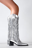 Botas vaqueras con punta puntiaguda con borla plateada brillante y borla