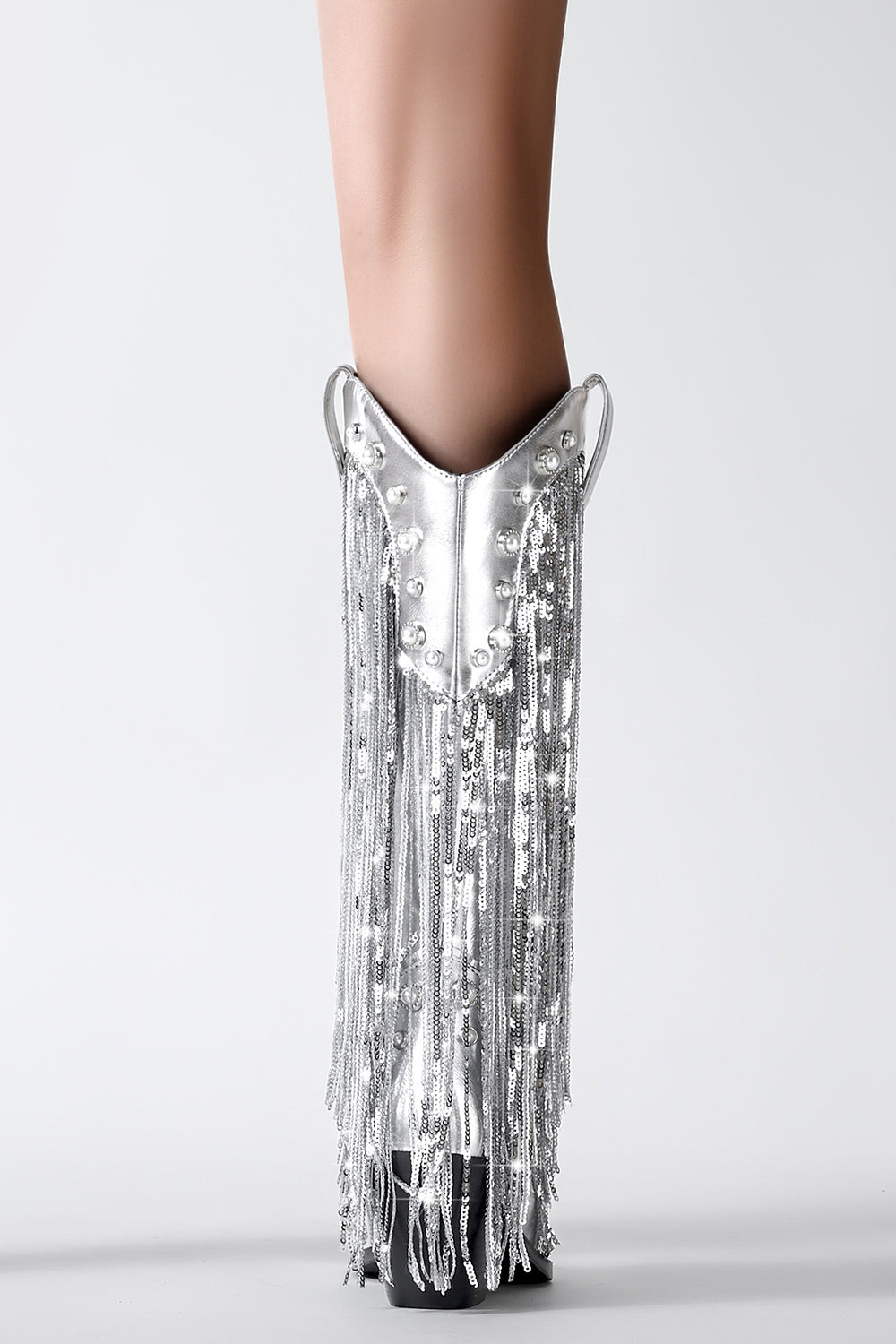 Botas vaqueras con punta puntiaguda con borla plateada brillante y borla