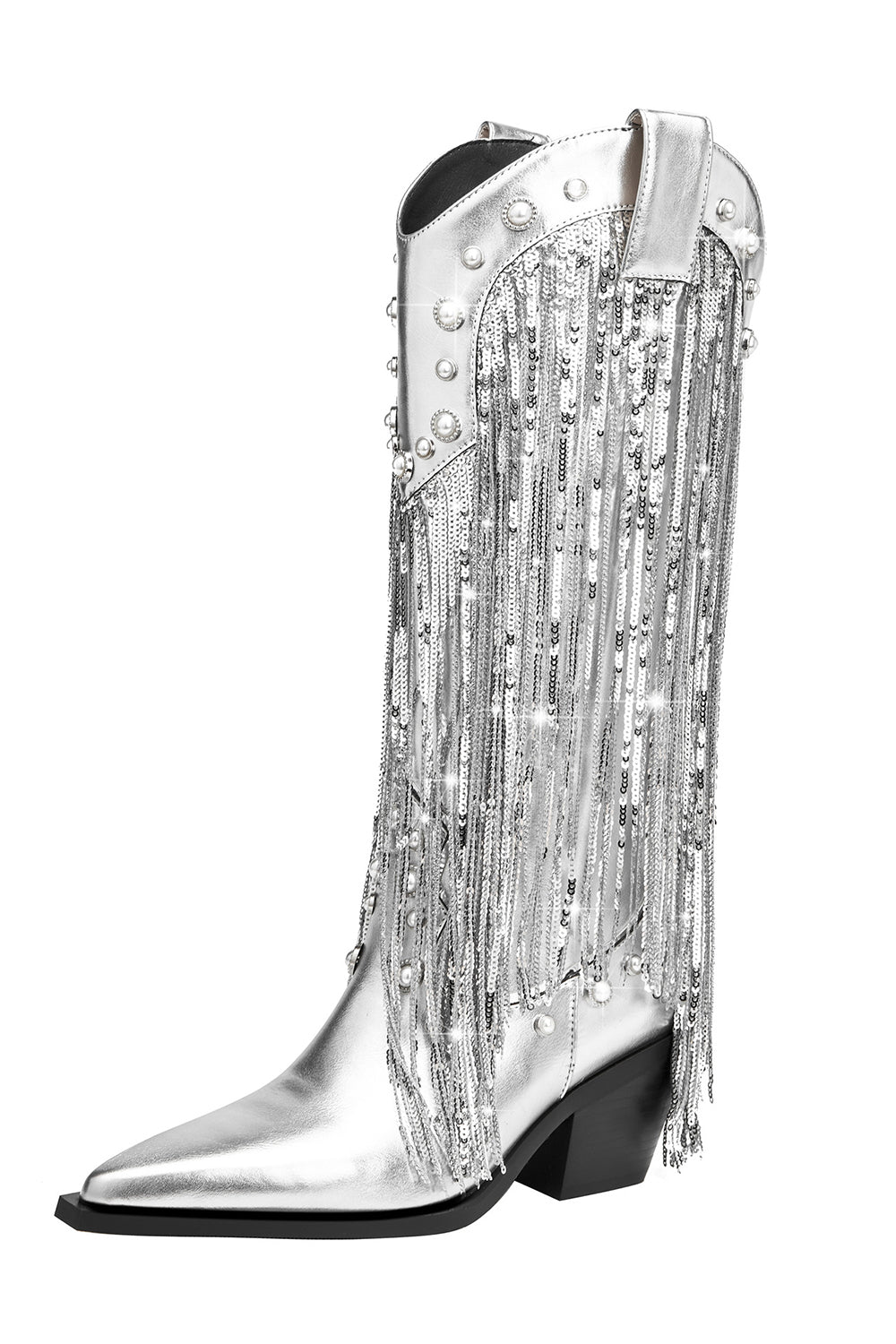 Botas vaqueras con punta puntiaguda con borla plateada brillante y borla