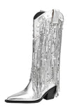 Botas vaqueras con punta puntiaguda con borla plateada brillante y borla