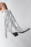 Botas vaqueras con punta puntiaguda con borla plateada brillante y borla