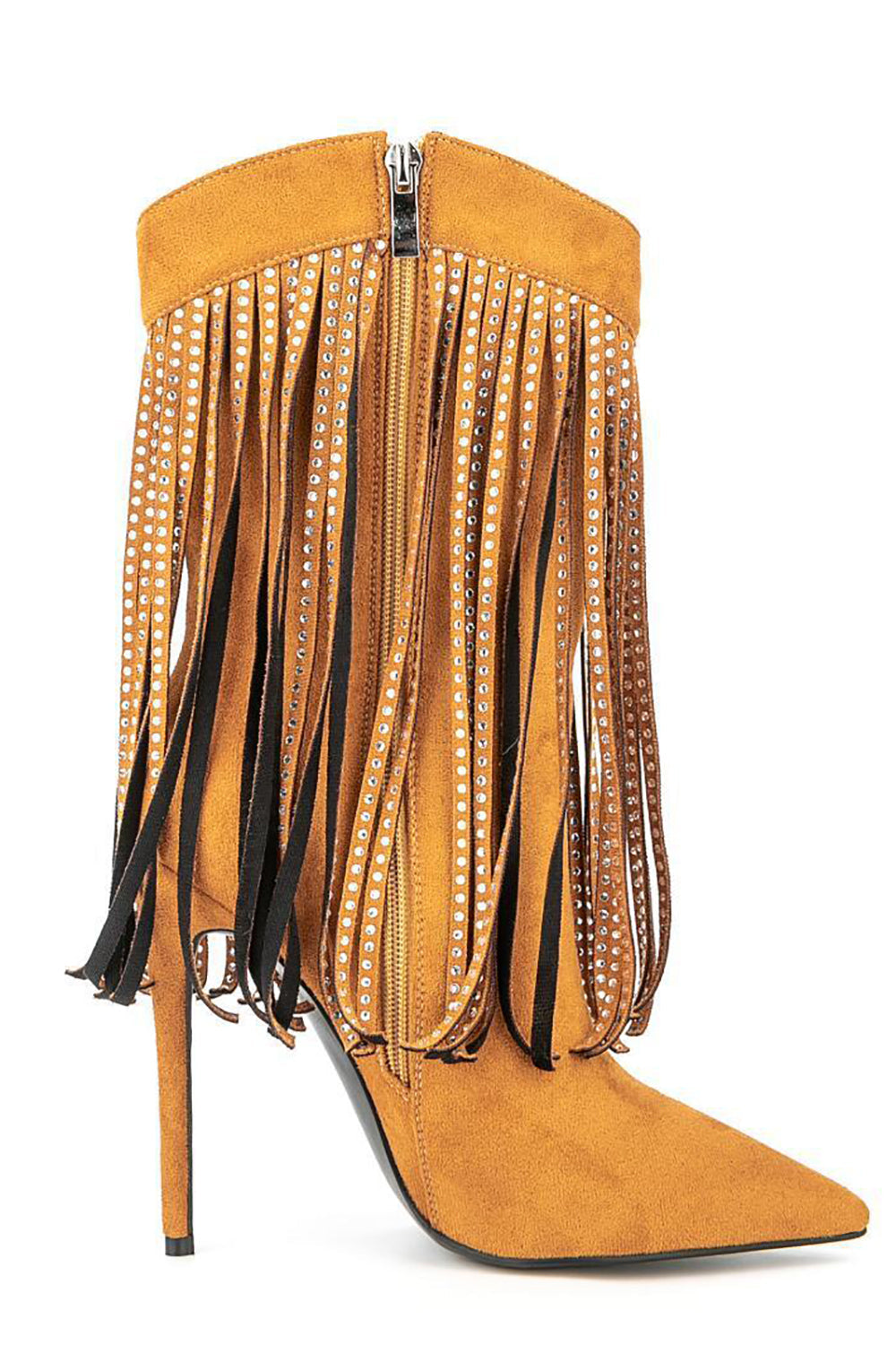 Botines de tacón de aguja con flecos de imitación de ante negro