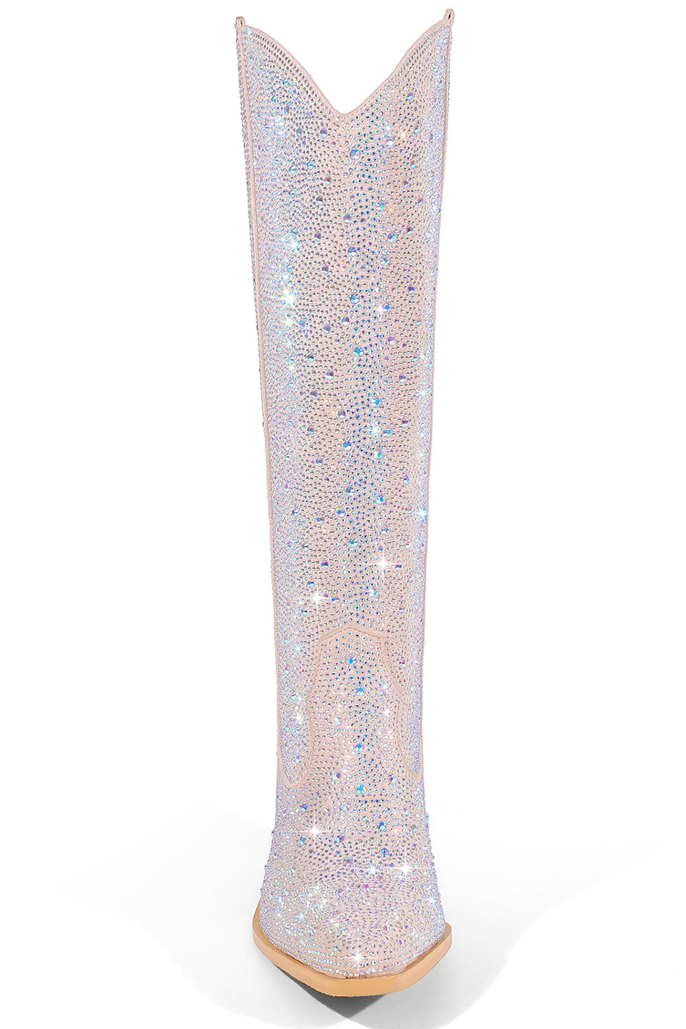 Botas plateadas de tacón grueso con punta puntiaguda brillante hasta la rodilla