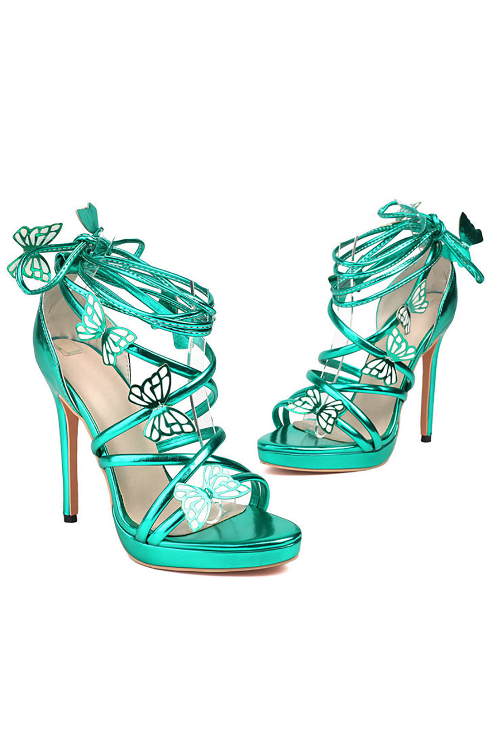 Sandalias de tacón Stilletos con tiras metálicas doradas para mujer con mariposa