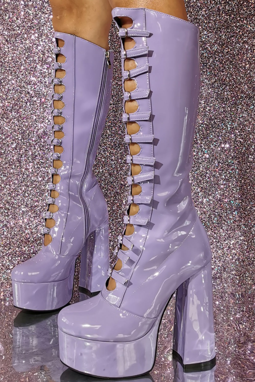 Botas altas hasta la rodilla con hebilla hueca delantera negra para mujer