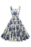 Vestido vintage de la década de 1950 con estampado floral azul