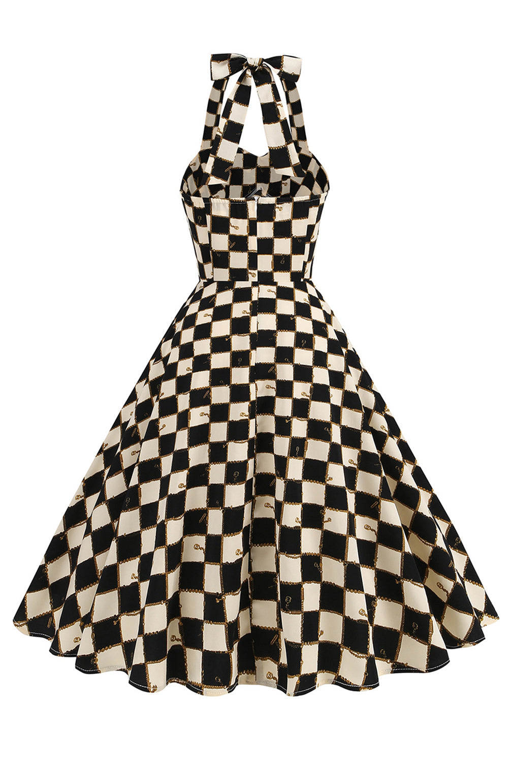 Vestido corto halter a cuadros de rejilla negra de la década de 1950