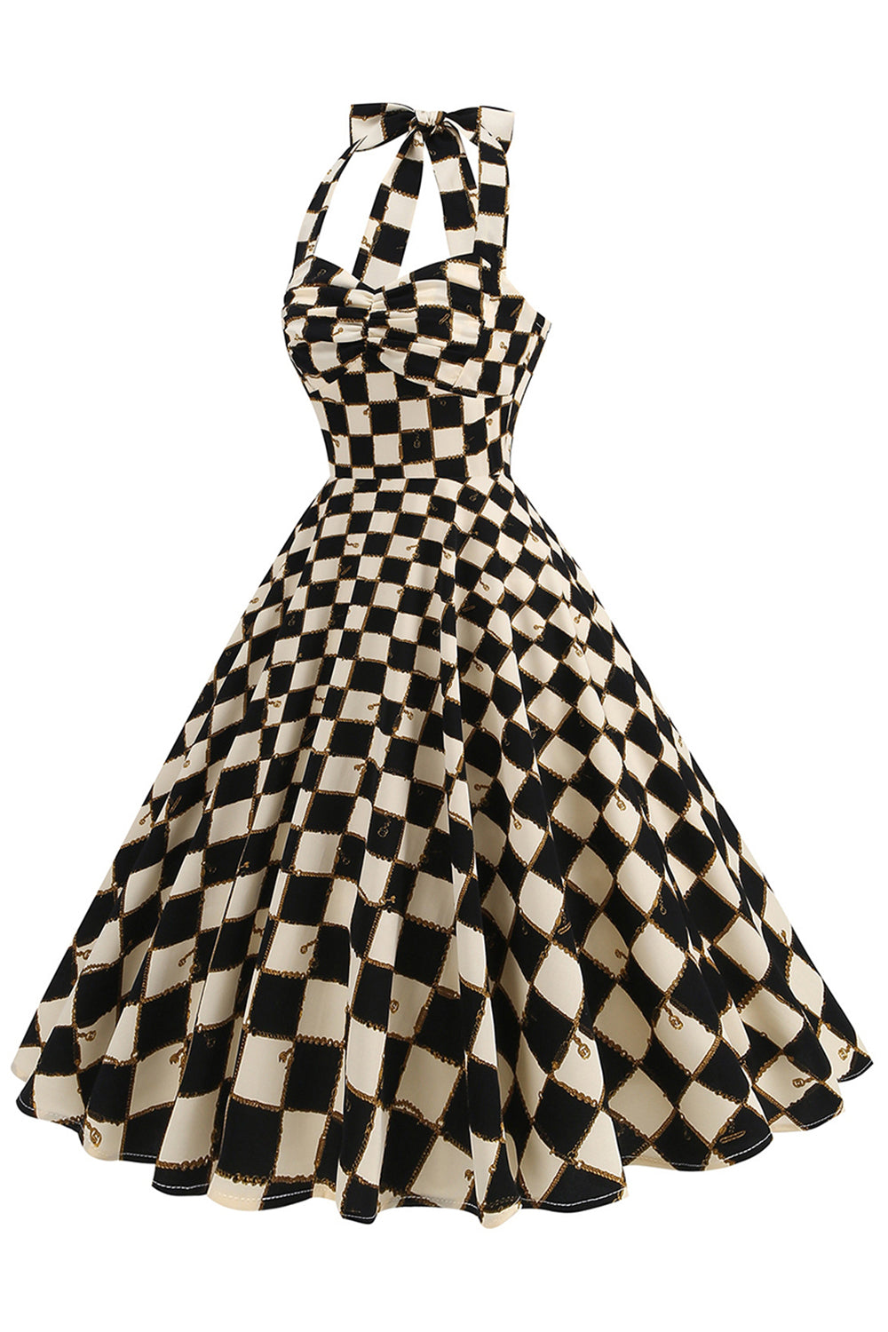 Vestido corto halter a cuadros de rejilla negra de la década de 1950