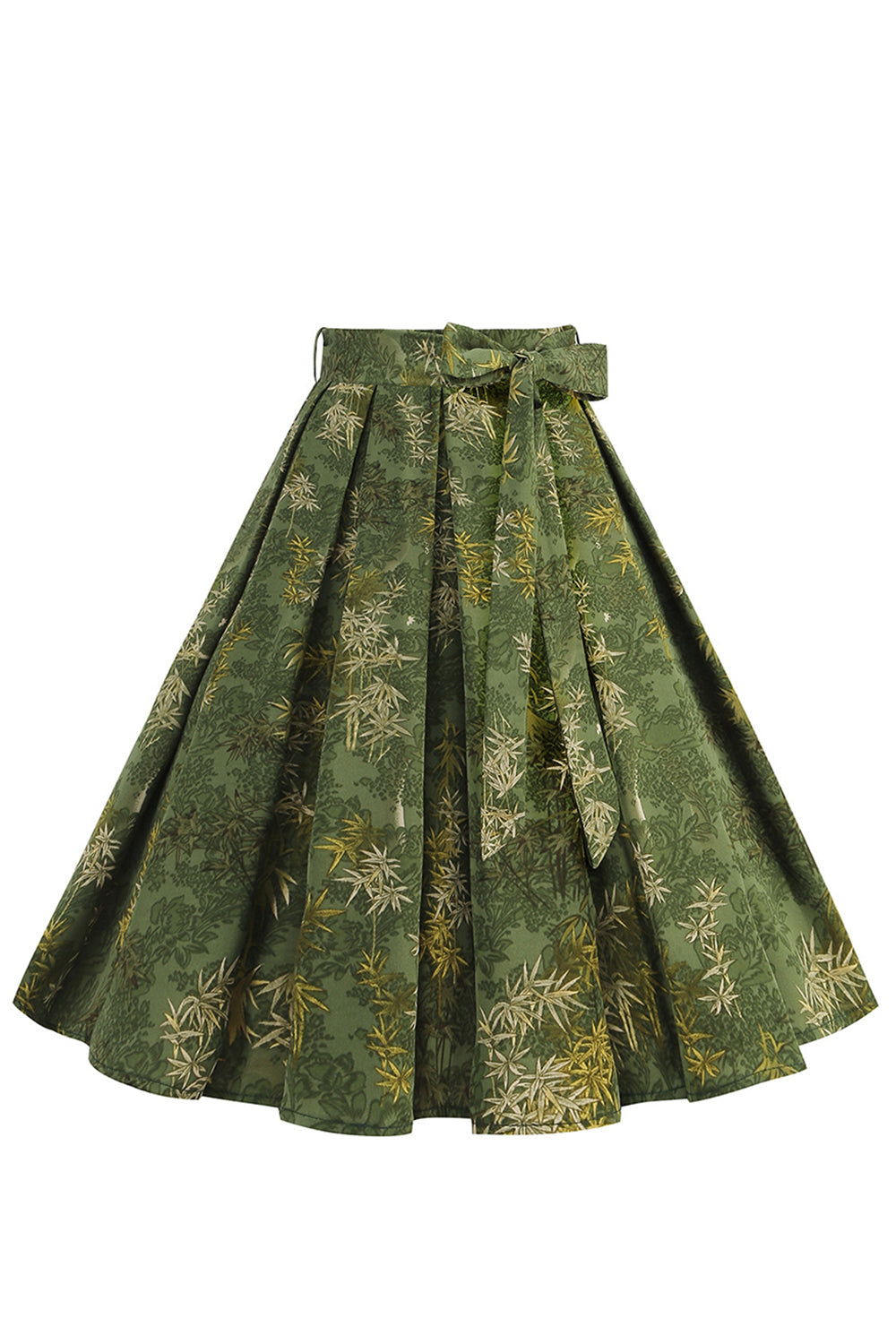 Falda de swing plisada floral verde militar de la década de 1950