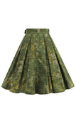Falda de swing plisada floral verde militar de la década de 1950