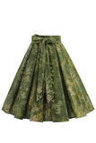 Falda de swing plisada floral verde militar de la década de 1950