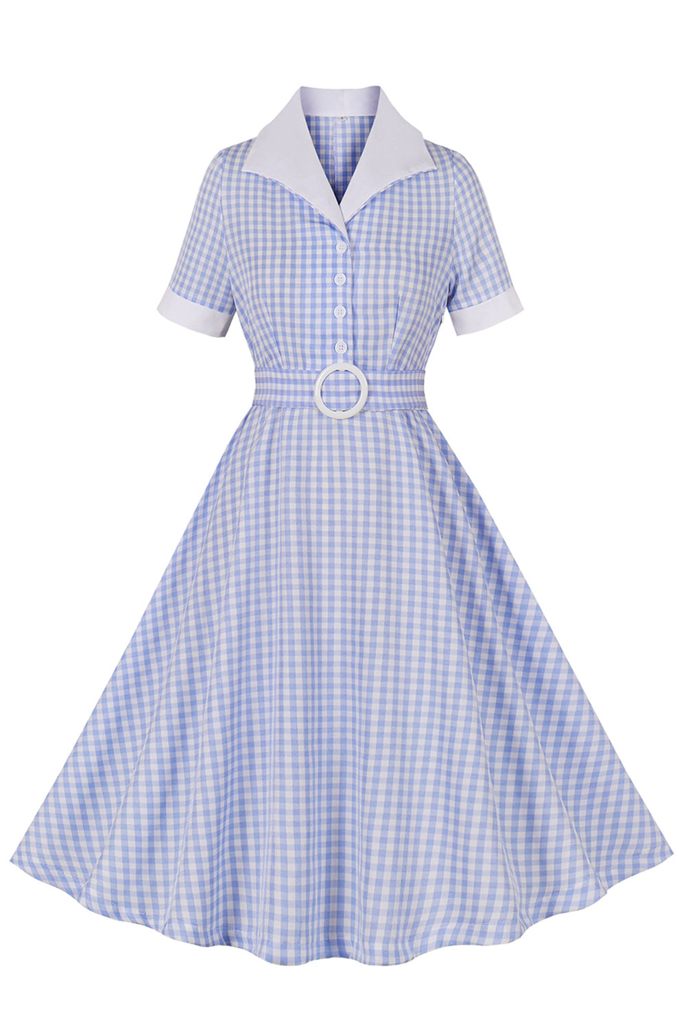 Vestido vintage de la década de 1950 a cuadros con cuello solapa azul
