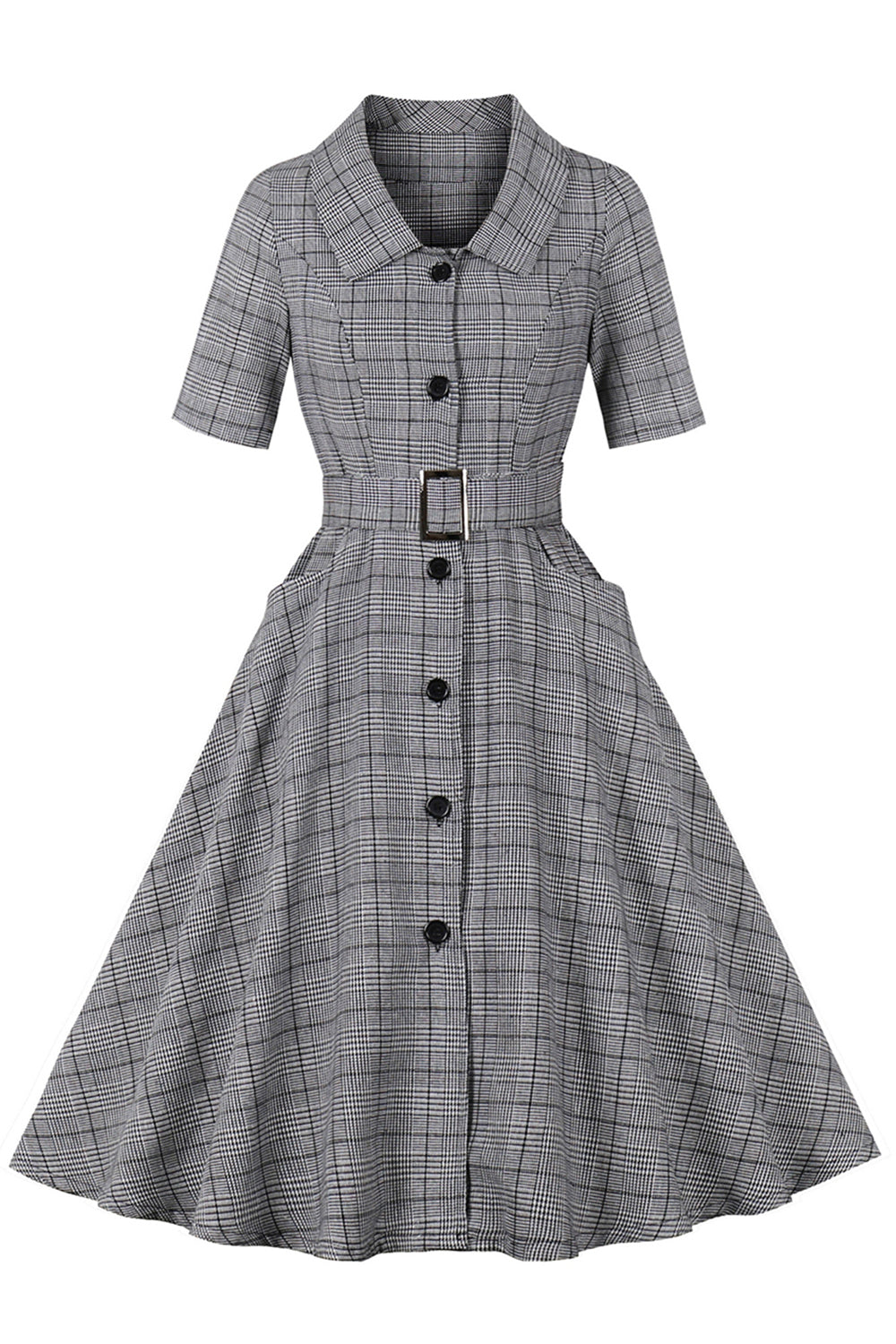 Vestido gris a cuadros con cuello solapa vintage de la década de 1950