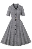 Vestido gris a cuadros con cuello solapa vintage de la década de 1950