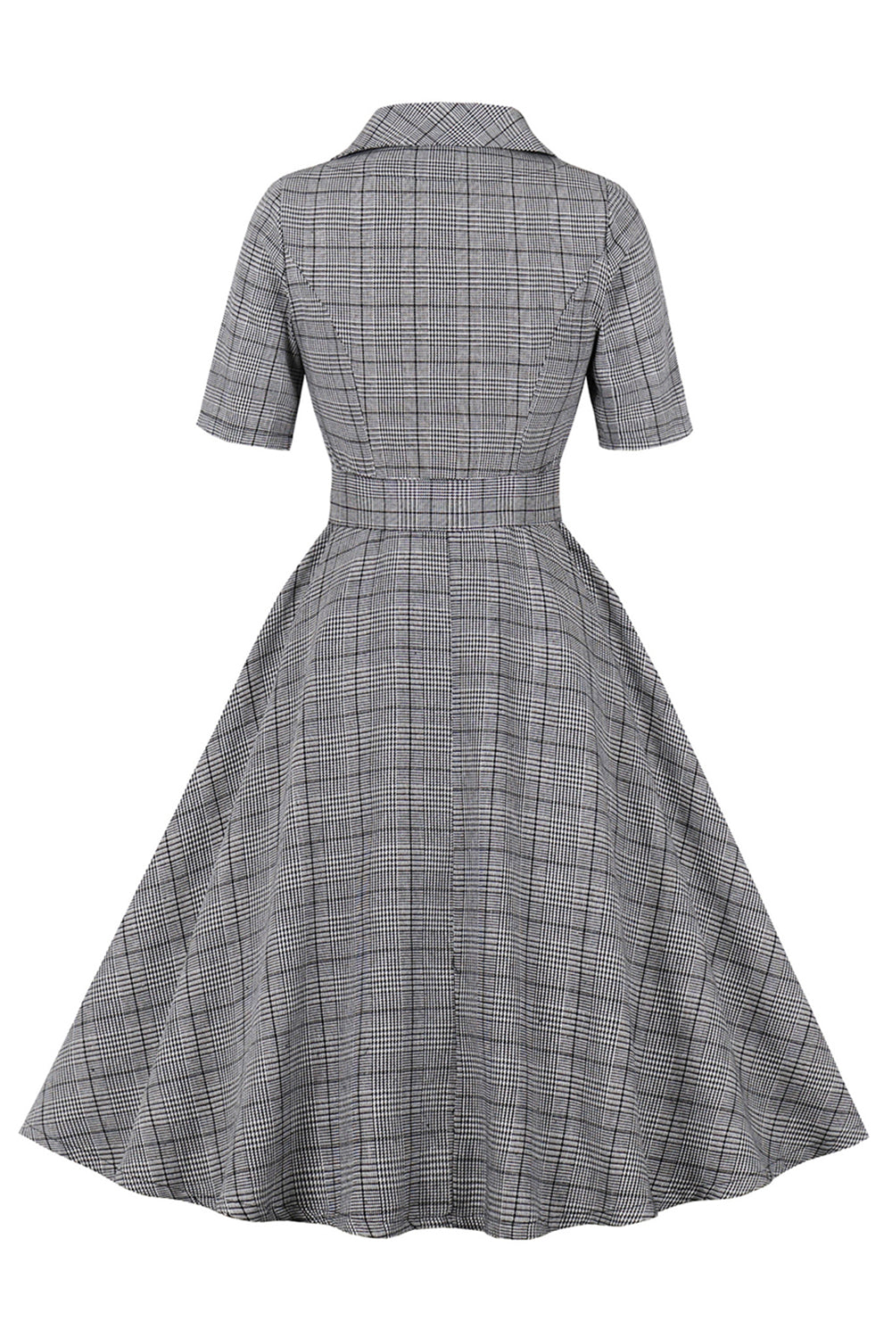 Vestido gris a cuadros con cuello solapa vintage de la década de 1950