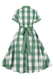Vestido retro de manga corta verde a cuadros de la década de 1950 con lazos
