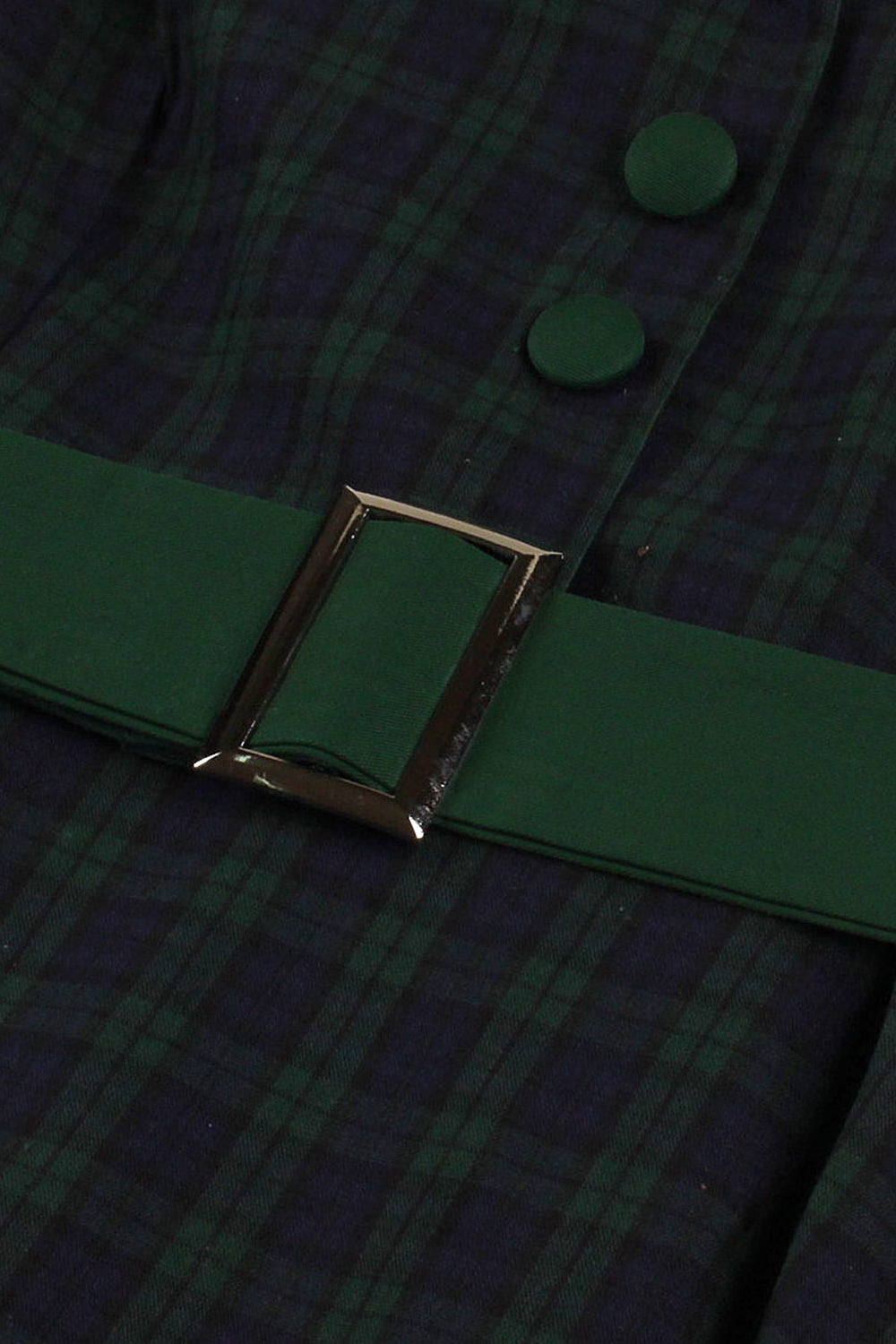 Vestido de swing con cinturón a cuadros verde marino de la década de 1950