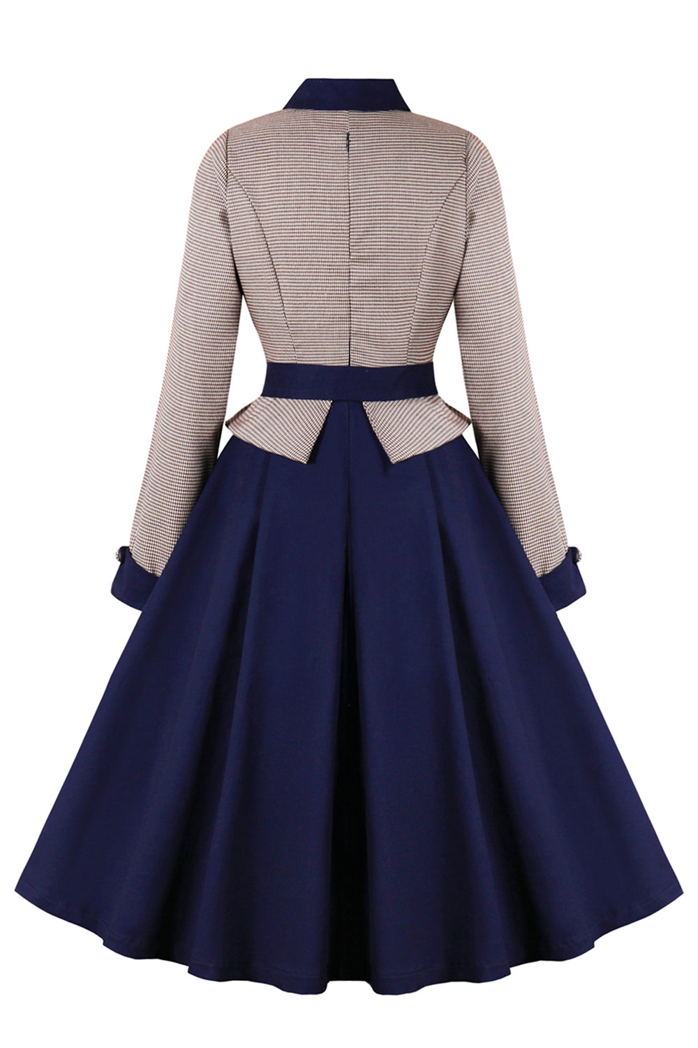 Vestido de manga larga con cinturón azul marino de la década de 1950