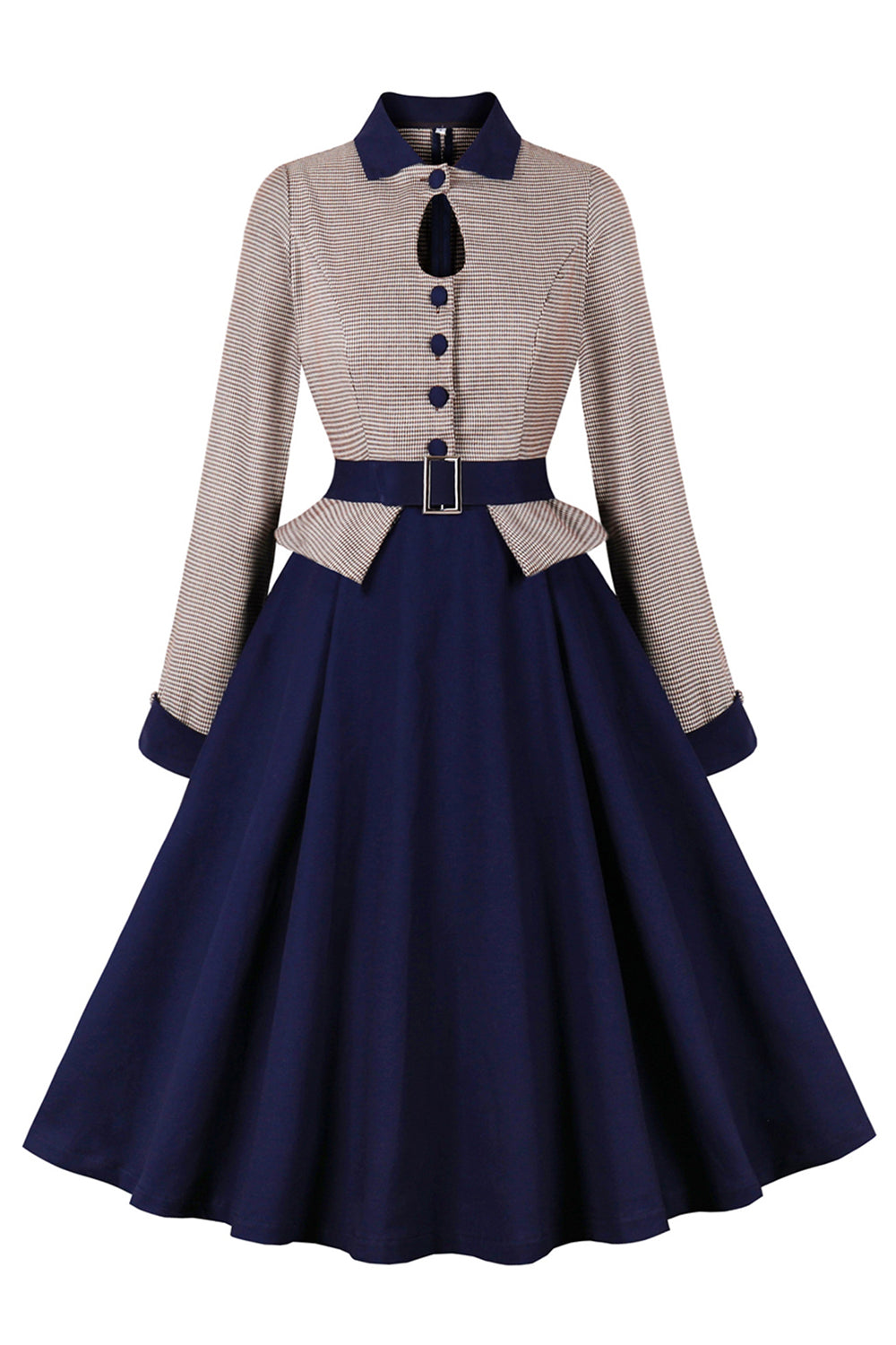 Vestido de manga larga con cinturón azul marino de la década de 1950