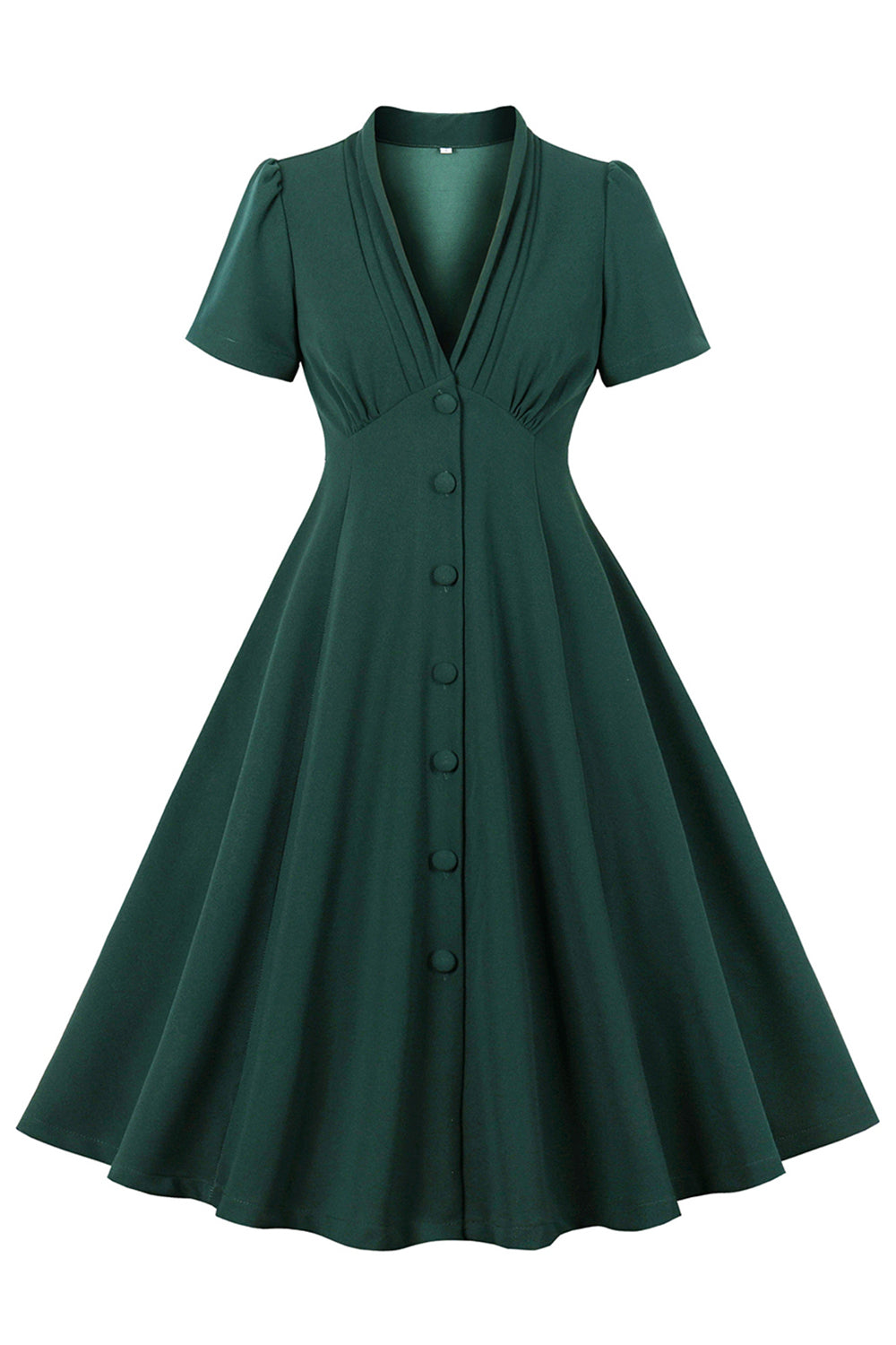 Vestido verde oscuro con escote en V y botonadura sencilla de la década de 1950