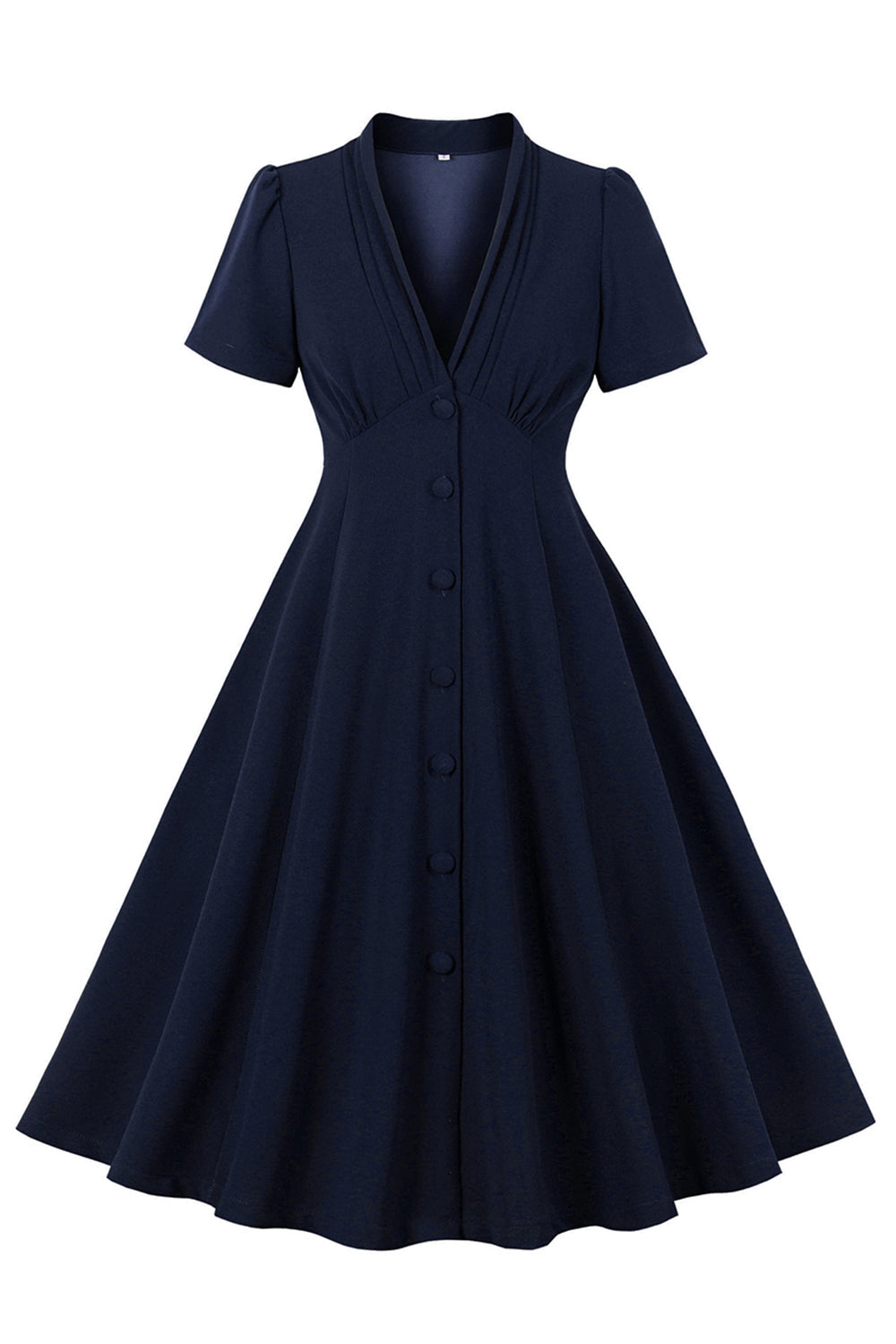 Vestido verde oscuro con escote en V y botonadura sencilla de la década de 1950