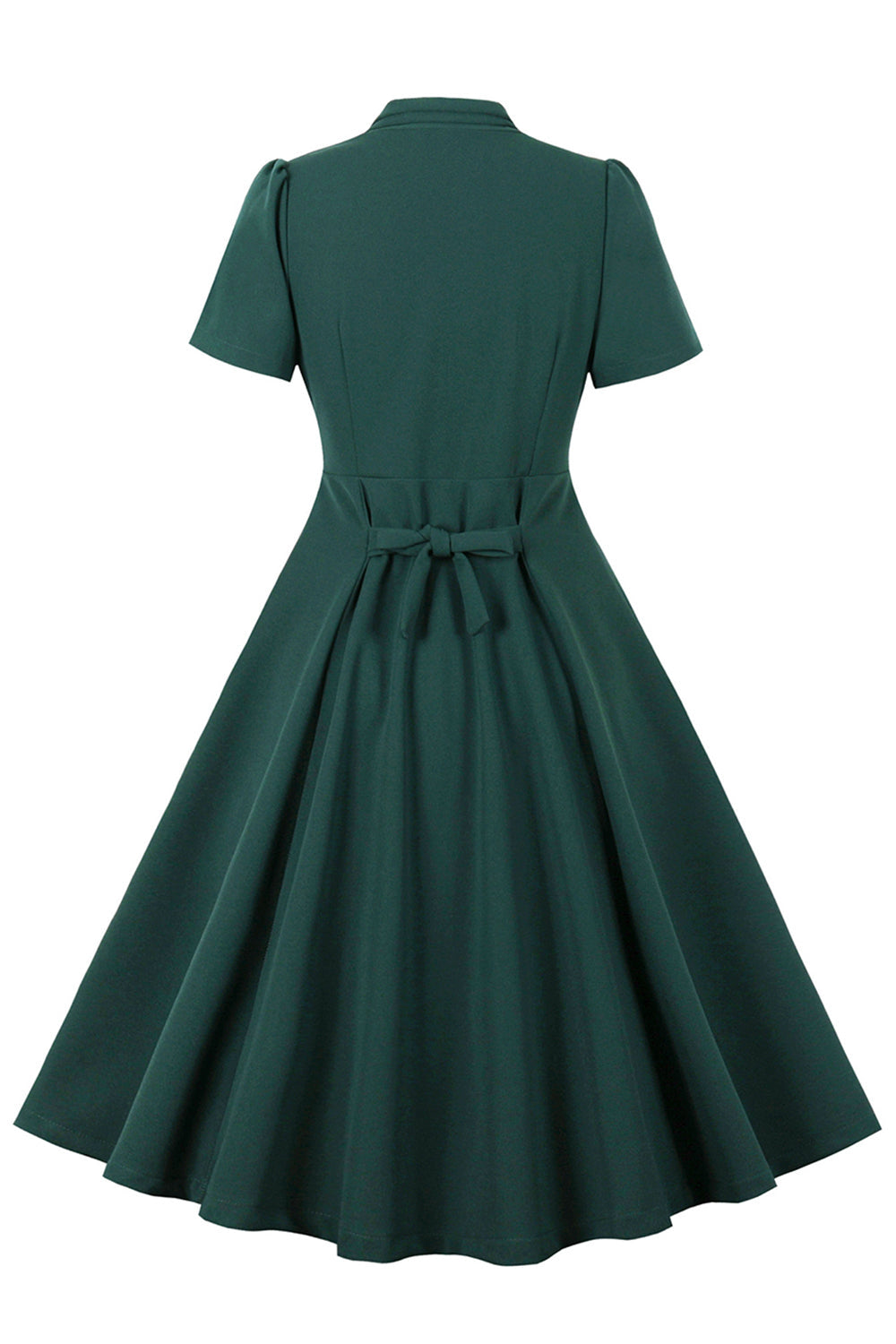 Vestido verde oscuro con escote en V y botonadura sencilla de la década de 1950