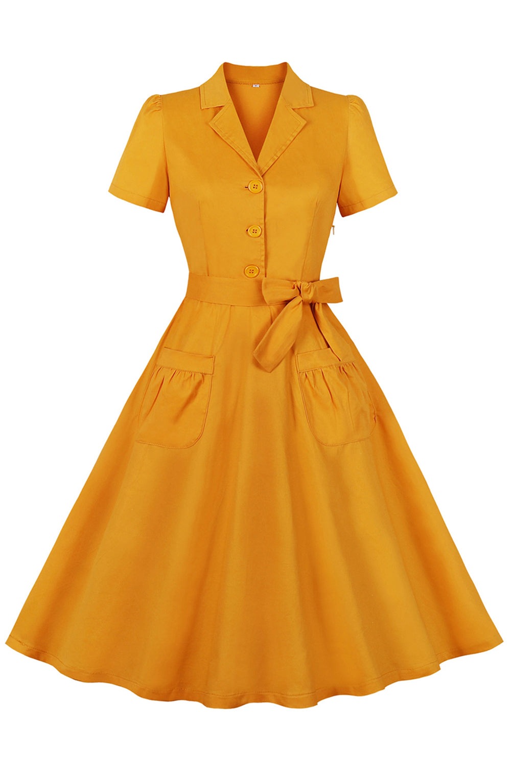 Vestido amarillo con volantes con muescas con solapa con lazos con cinturón de la década de 1950 con bolsillos