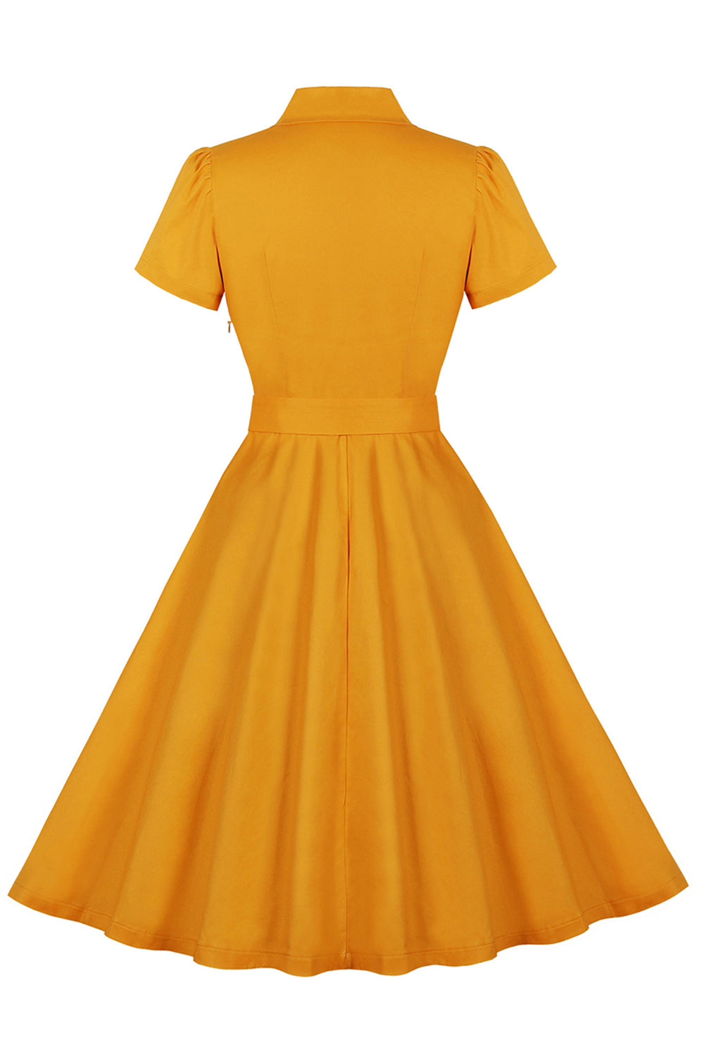 Vestido amarillo con volantes con muescas con solapa con lazos con cinturón de la década de 1950 con bolsillos