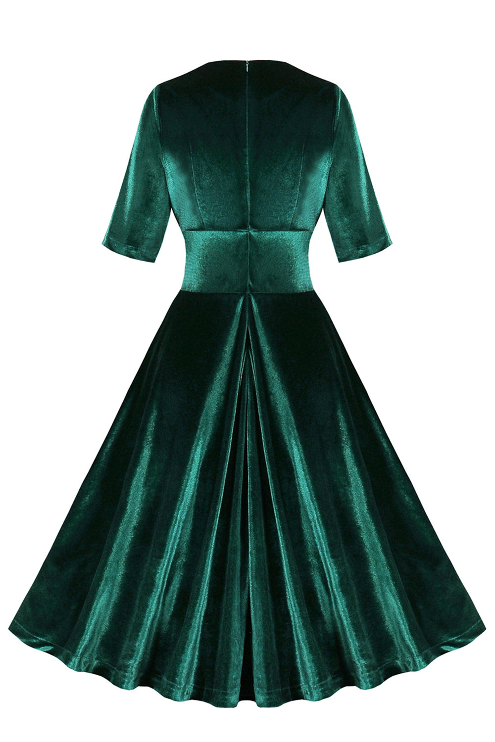 Vestido de terciopelo verde oscuro con volantes y cuello en V de la década de 1950