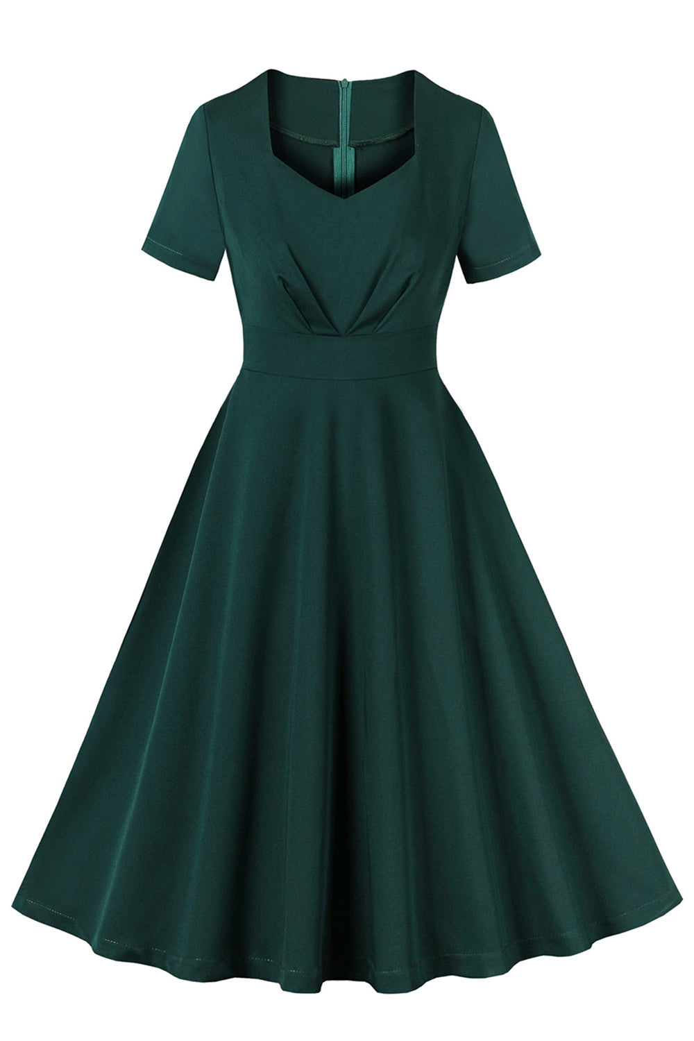 Vestido verde oscuro de manga corta con volantes de la década de 1950