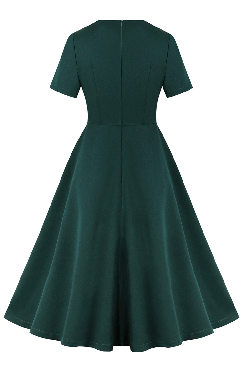 Vestido verde oscuro de manga corta con volantes de la década de 1950
