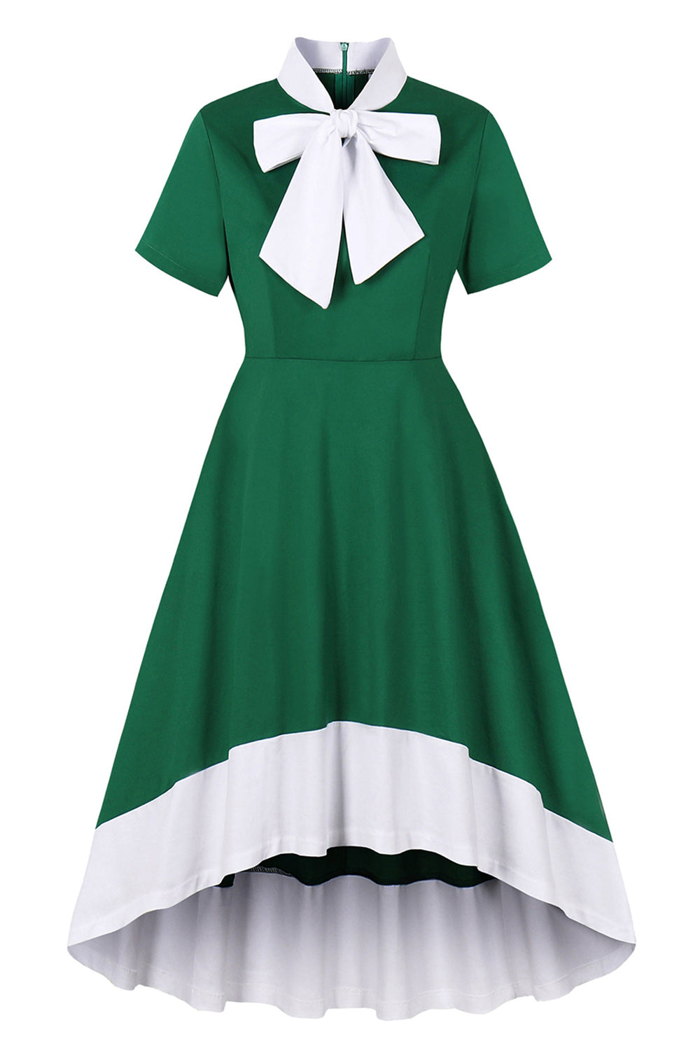 Vestido asimétrico con volantes de la década de 1950 en verde oscuro con lazos