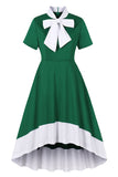 Vestido asimétrico con volantes de la década de 1950 en verde oscuro con lazos