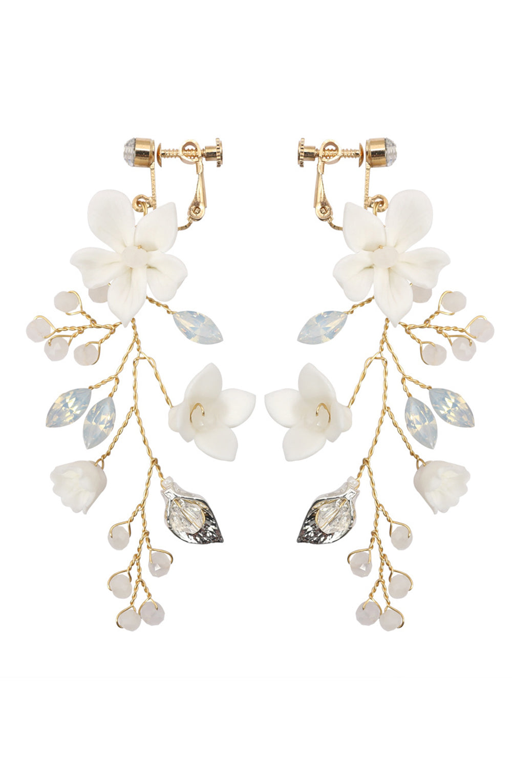 Pinzas para la oreja nupcial de flor de cerámica blanca de hadas