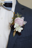 Ramillete de muñeca de fiesta de albaricoque y boutonniere para hombre para boda