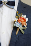 Ramillete de muñeca de fiesta de albaricoque y boutonniere para hombre para boda