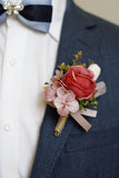 Ramillete de muñeca de fiesta de albaricoque y boutonniere para hombre para boda