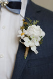 Ramillete de muñeca de fiesta de albaricoque y boutonniere para hombre para boda
