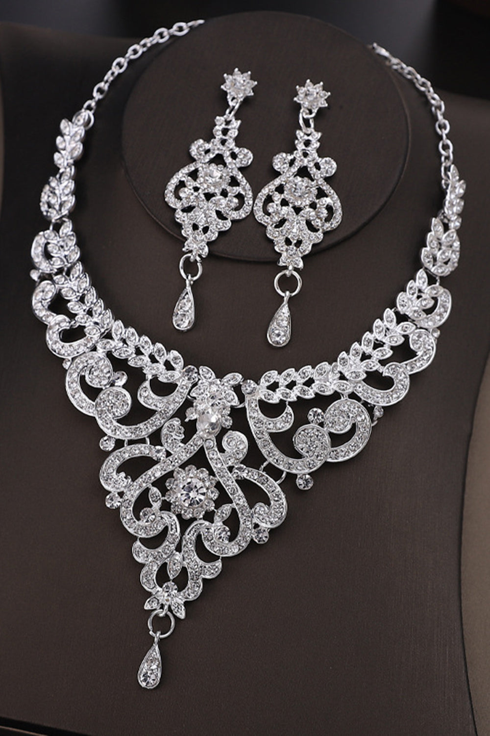 Conjunto de collar de vidrio brillante vintage de plata para fiesta de bodas